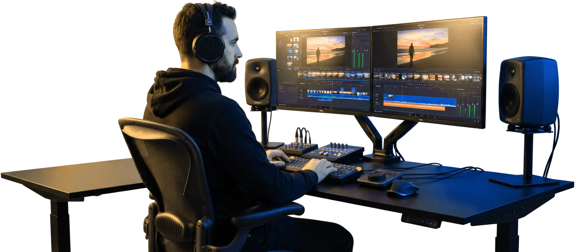 Montažer sa slušalicama za radnim stolom s dva monitora na kojima je otvorena montaža videa